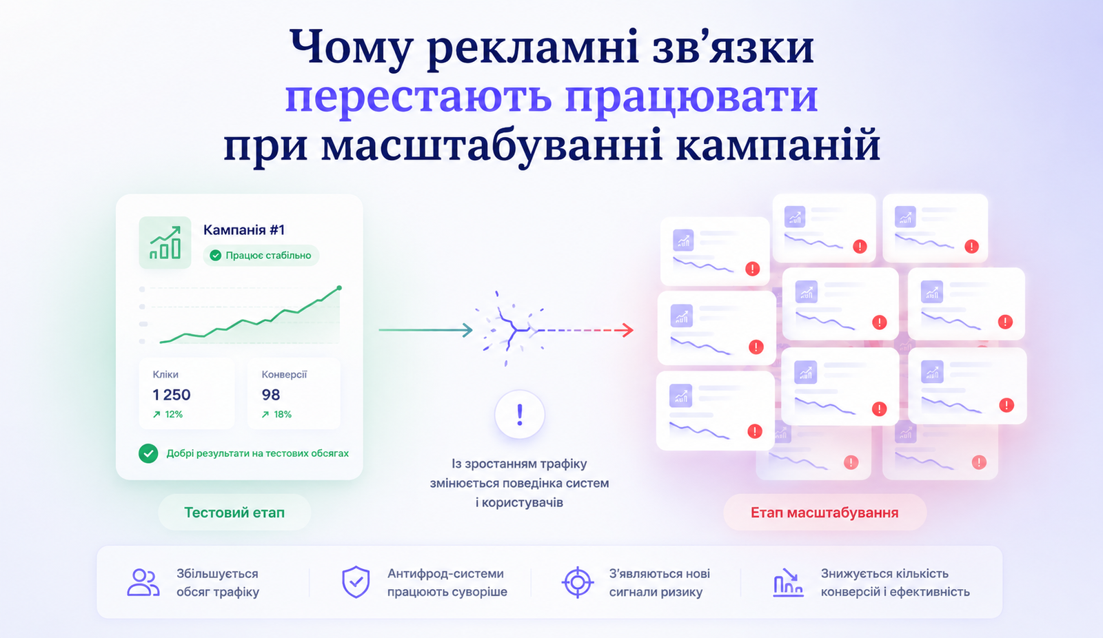 Чому рекламні зв’язки перестають працювати при масштабуванні кампаній
